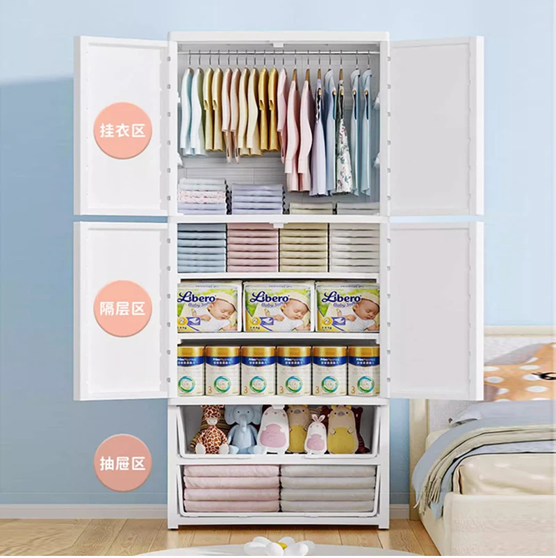 4 Layer 70cm baby plastic children bedroom drawers wardrobe cartoon double door type clothes storage cupboard with wheels