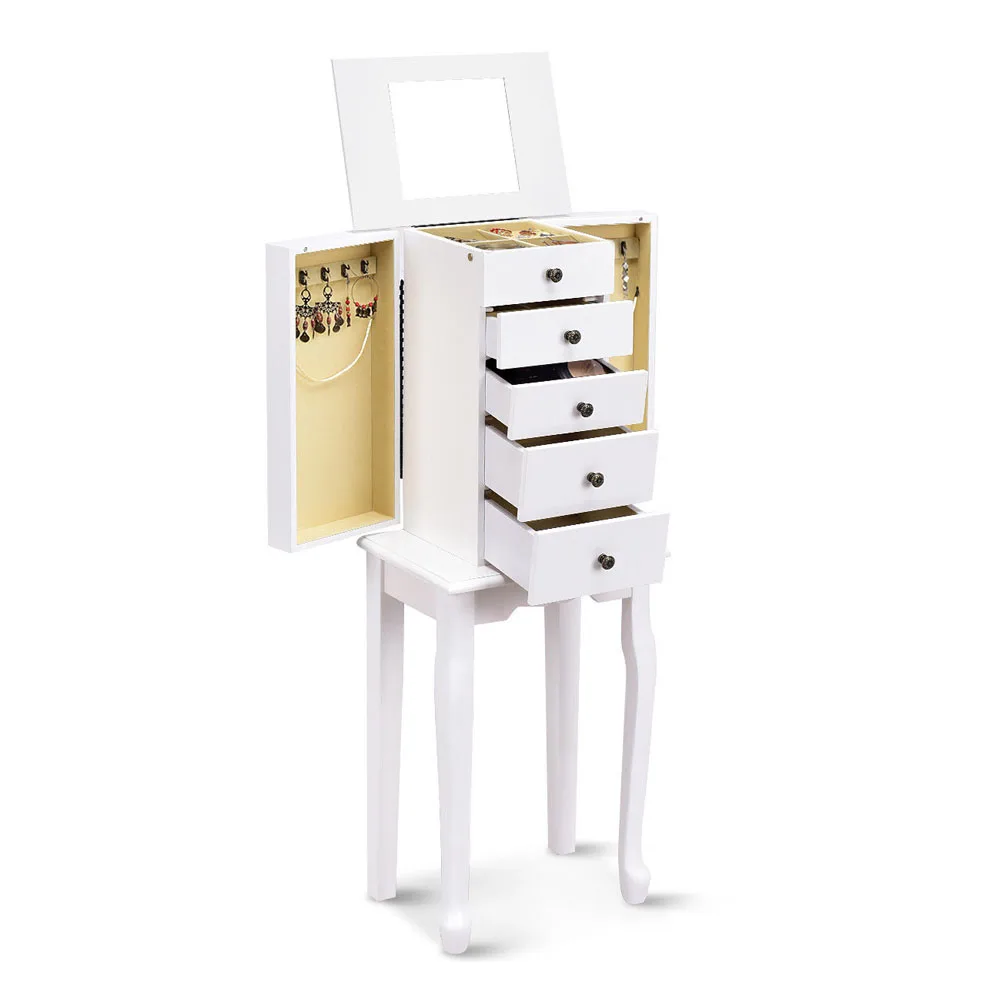 White Jewelry Cabinet Armoire Storage Box Chest Standing Organizer with Mirror