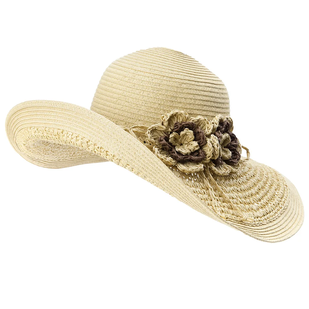 Summer Women paper crochet flower band floppy sun-proof Straw Hat