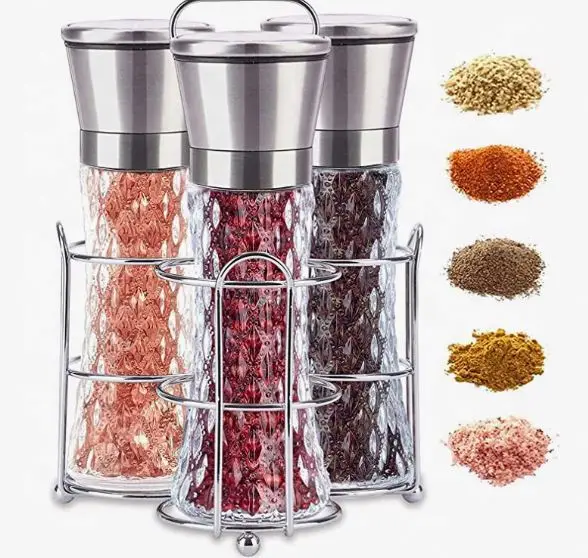 Salt and Pepper Grinder Shakers Set of 3 with Stand Kitchen Gadgets Pepper Mill Salt Grinder Stainless Steel