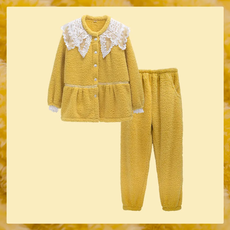 Winter coral fleece lace pajama plus size sleepwear women leisure wear