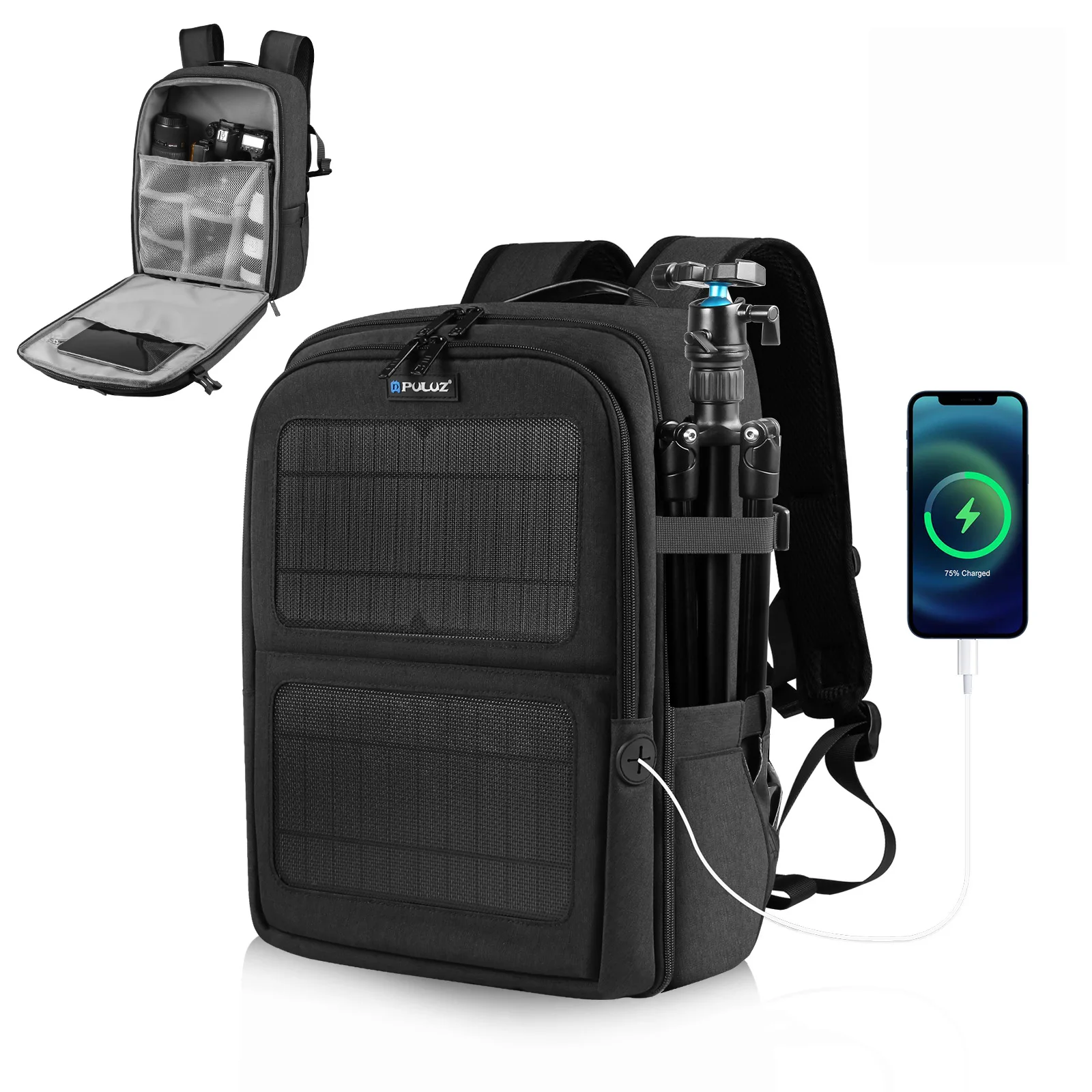 Outdoor Waterproof Scratch-proof Dual Shoulders 14W Solar USB Charging Portable Lens Camera Backpack Bag for Digital Camera