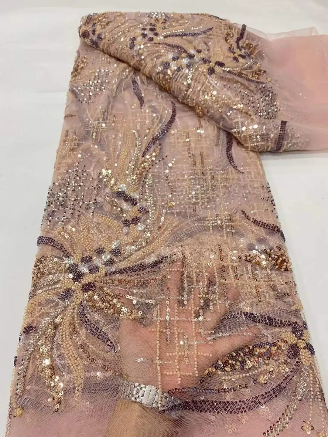 Two-color heavy industry sequin bead embroidery fabric European and American wedding dress  fashion embroidery fabric