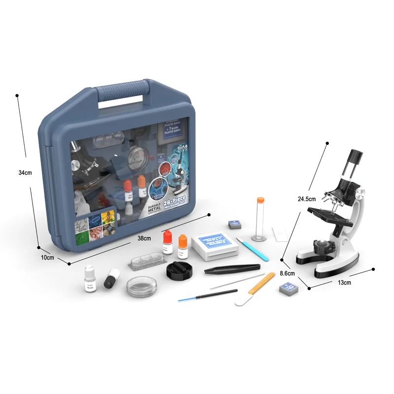 100X-1200X 28-Pieces Student Beginner Microscope Stem Kit Metal Body Toy Microscope With Slides, LED Light And Carrying Box