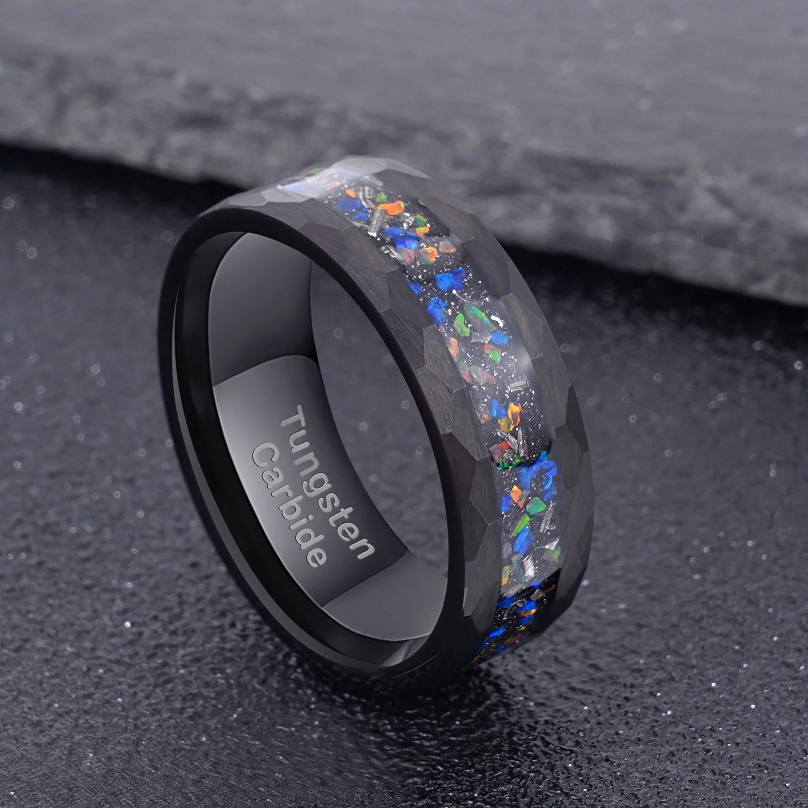 POYA Custom Black Hammered Meteorite Ring Tungsten Galaxy Opal Inlay Luxury Wedding Band for Men
