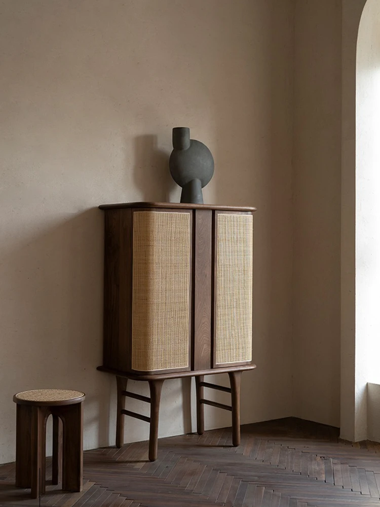 Modern high end ash solid wood storage cabinet living room walnut wood color  wine cabinet real rattan black double door cabinet