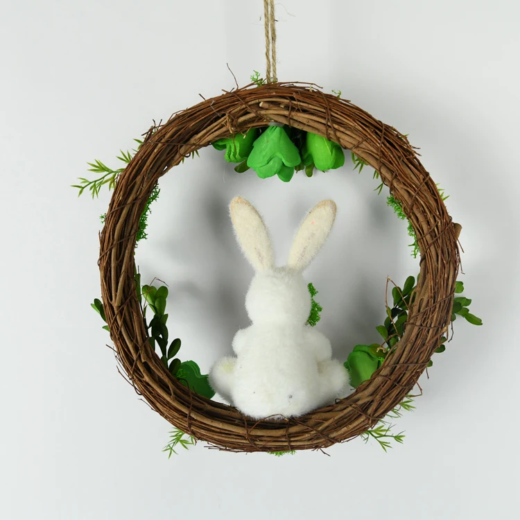Hot Selling Special White Bunny Green Wood Flower Garland Natural Green Moss Easter Decoration Ratton Wreath
