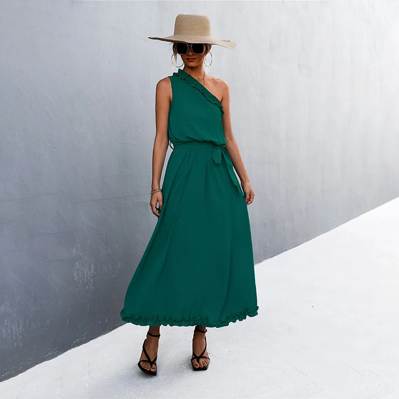 MOTE-ZC657 2023 Fashion Women Summer Plain Black One Shoulder Dress Casual Green Loose Ruffle Sleeveless Long Dresses