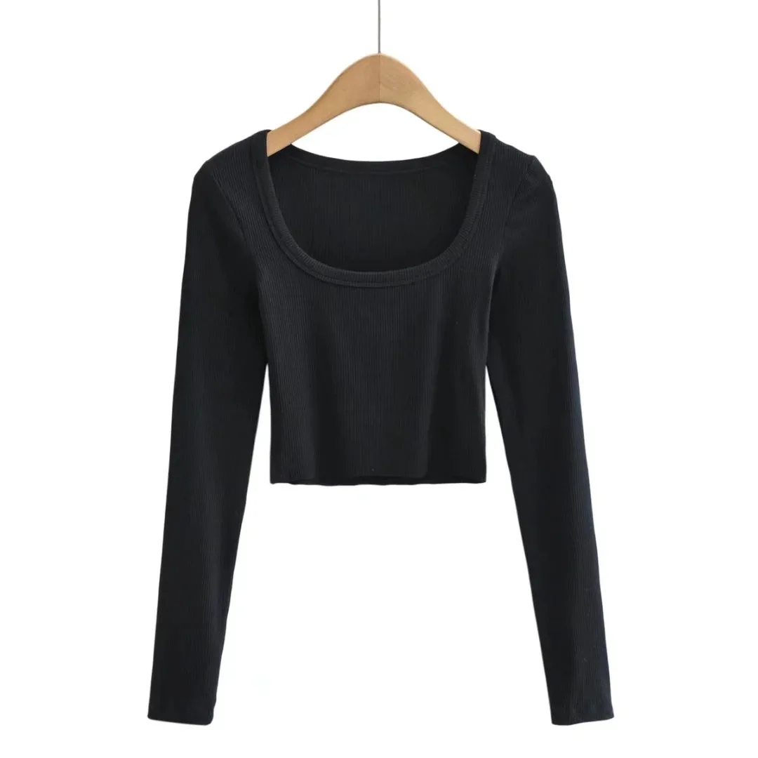 High Quality Midriff T-Shirt Women Long-Sleeved French Shirt Base Casual High-Waisted Top Anti-Pilling Feature Chiffon Basics
