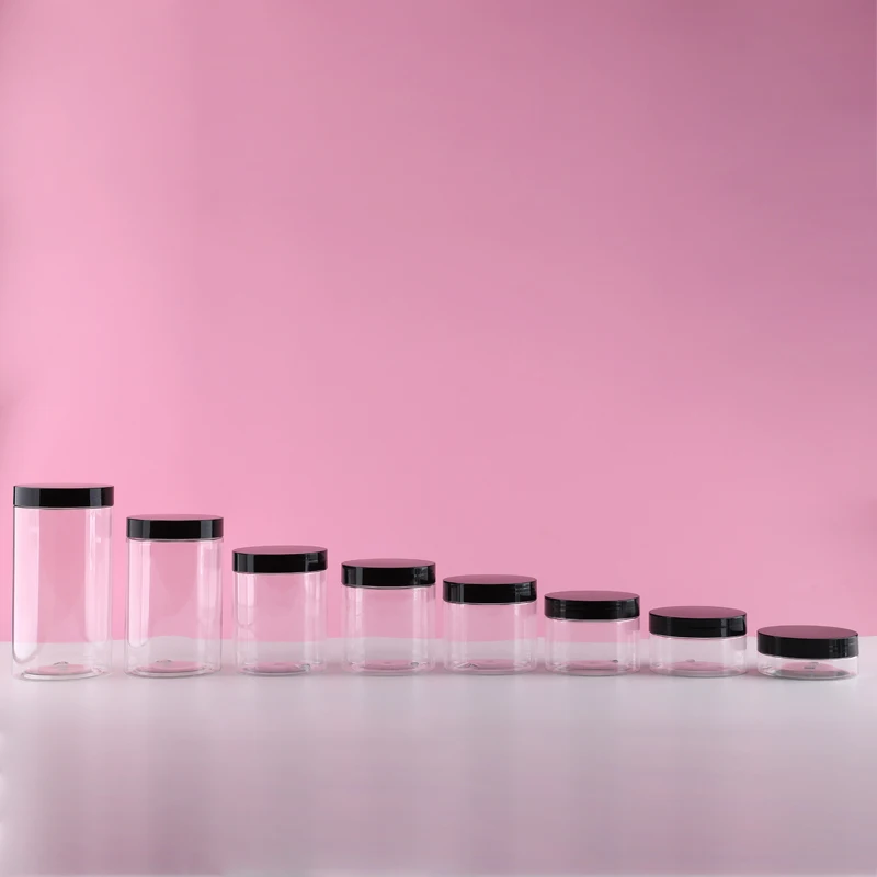 Food Grade 50Ml 100Ml 150Ml 1oz 4oz 6oz 8oz 12oz 16oz PET Plastic Cosmetic Cream Hair Gel Body Scrub Butter Jars With Black Lids
