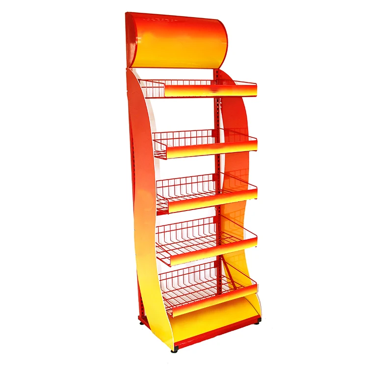Supermarket Product Display Shelf Promotional Floor Standing Potato Chip Display Racks 5 Layer Wire Basket for Market Shops