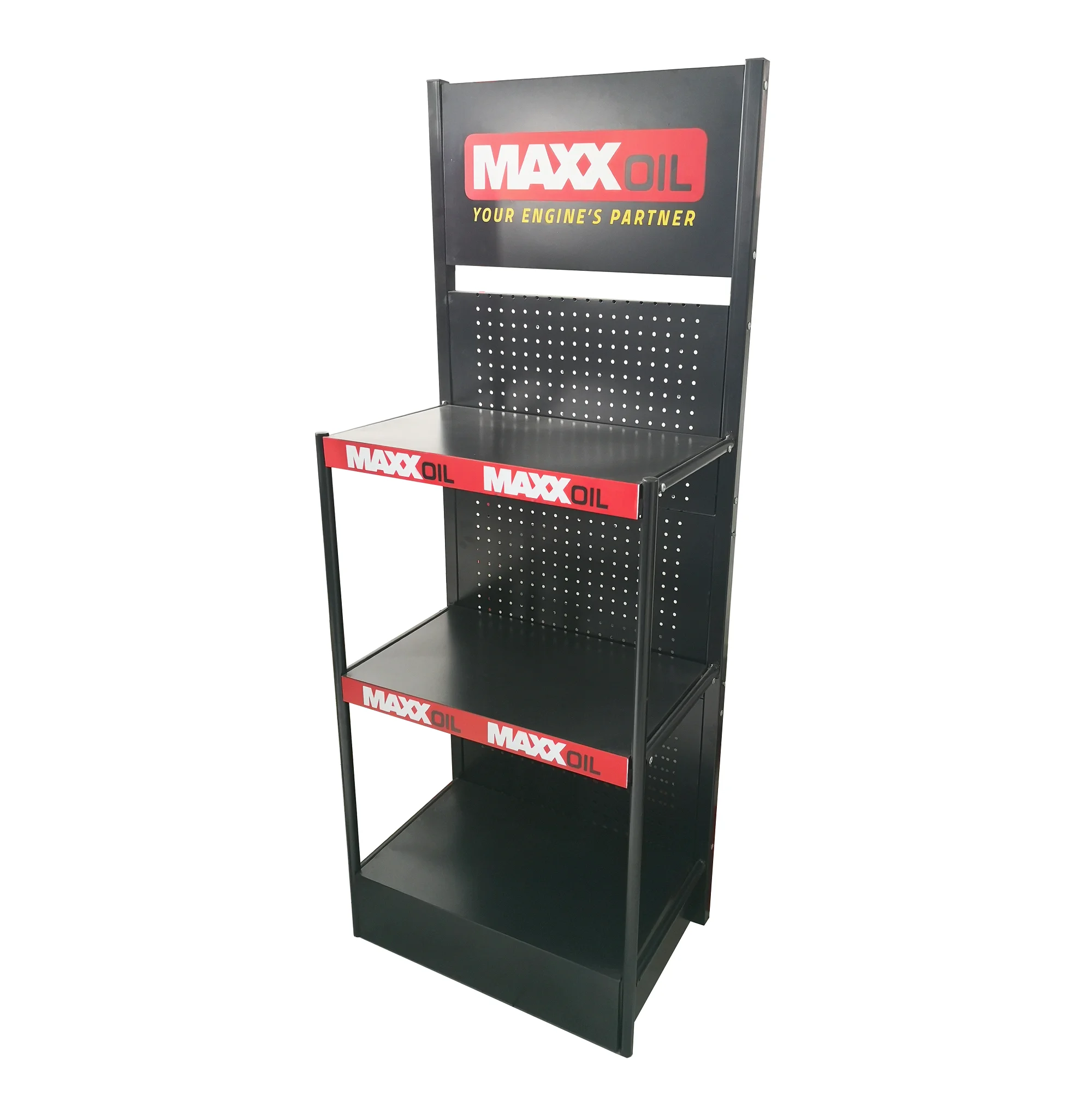 Customized 3 layers screen printing advertising logo panel pegboard motor oil shelf, lubricating oil metal display stand rack