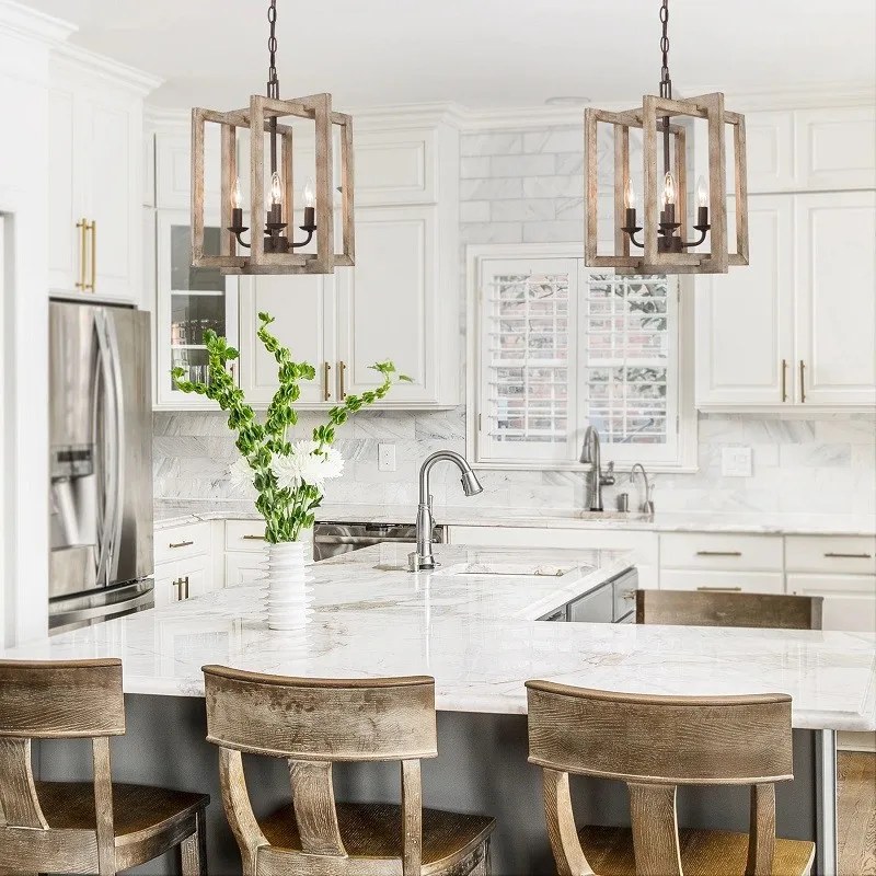 American Rustic Retro Chandelier Square wrought iron and wood art Pendant Light for Dinning Room