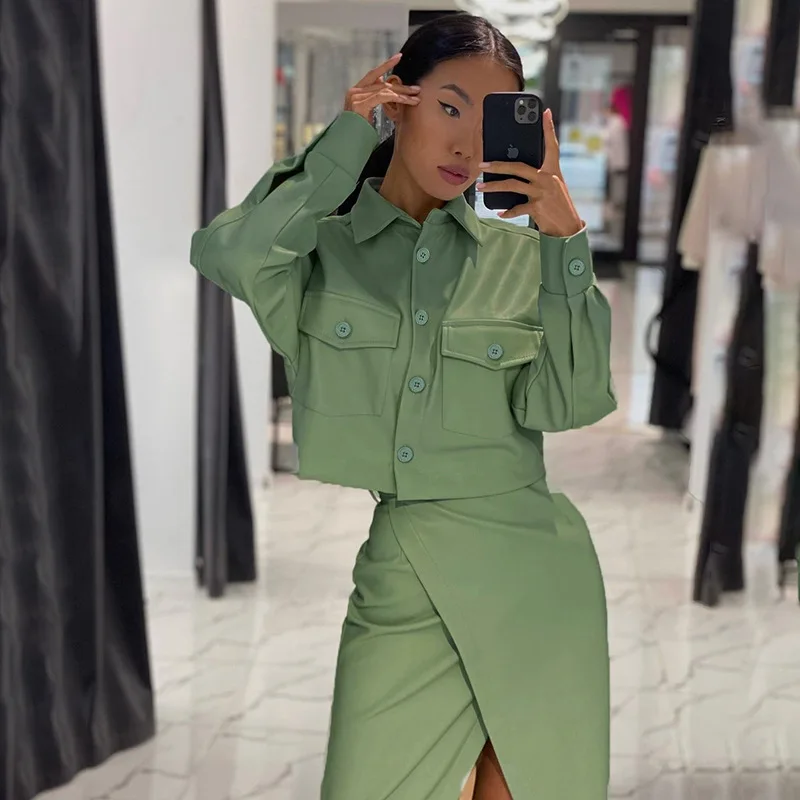 2022 spring new foreign trade wholesale solid color leather slit suit bag skirt two-piece suit women