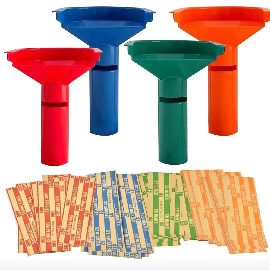Coin Wrappers with Coin Sorter Tubes Funnel Shaped Color Coded Coin Counter Stacking Roll Sorting Tubes