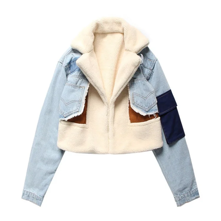 
Autumn and Winter new design thick warm denim coat lamb terry fur patchwork denim jacket 