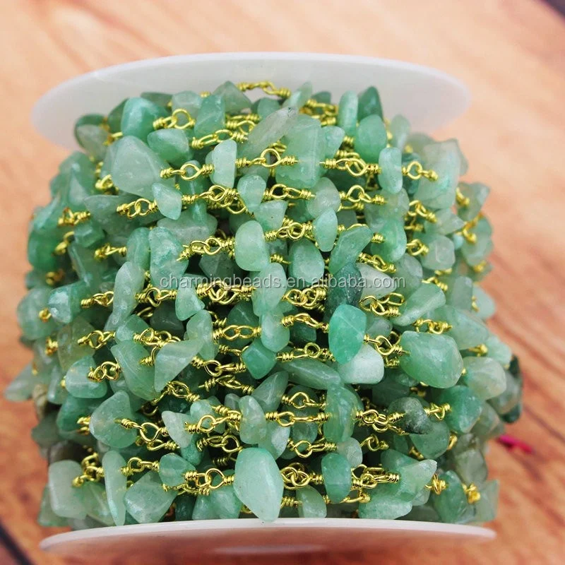 CH-LSN0050 Fashion Green Gemstone Gold Plated Rosary Chain Gemstone Beaded Rosary Chain Wholesale Wire Beaded Chain