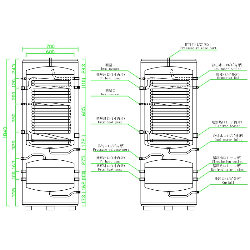 LGD300/100C SUS304 inner tanks 300L plus 100L withgalvanized steel outer shell 2 in 1 heat pump water tank