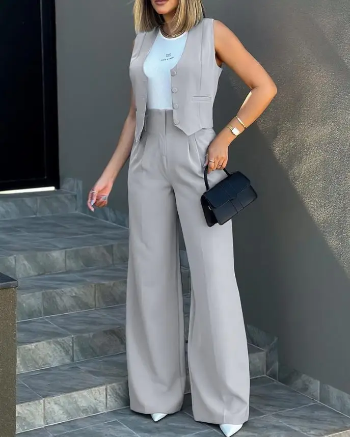 C0126 Latest Design Two Piece Set Women Clothing Office Ladies Suit Waistcoats Wide Leg Pants Set 2 Piece Outfits For Women