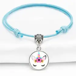 New Fashion Kids Unicorn Charm Adjustable Bracelet Leather Adjustable Bracelet Glass Charm Bracelet