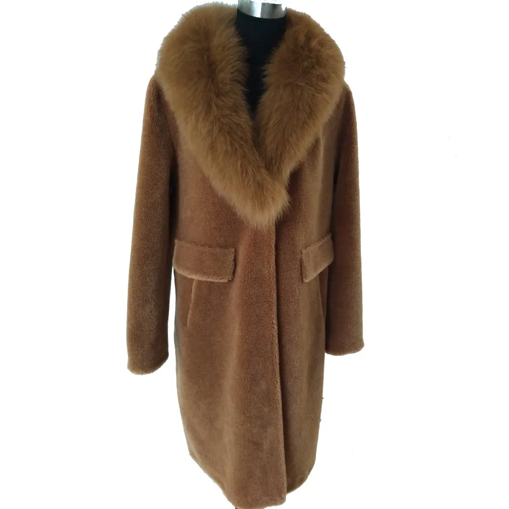 CX-G-T-14A Real Fox Fur Shawl Collar 100% Wool Winter Teddy Coat for Women