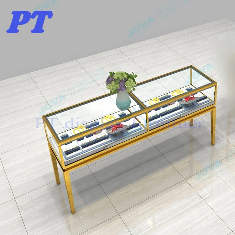 Custom Gold Jewelry Display Case Stainless Steel Glass Jewelry Display Showcase