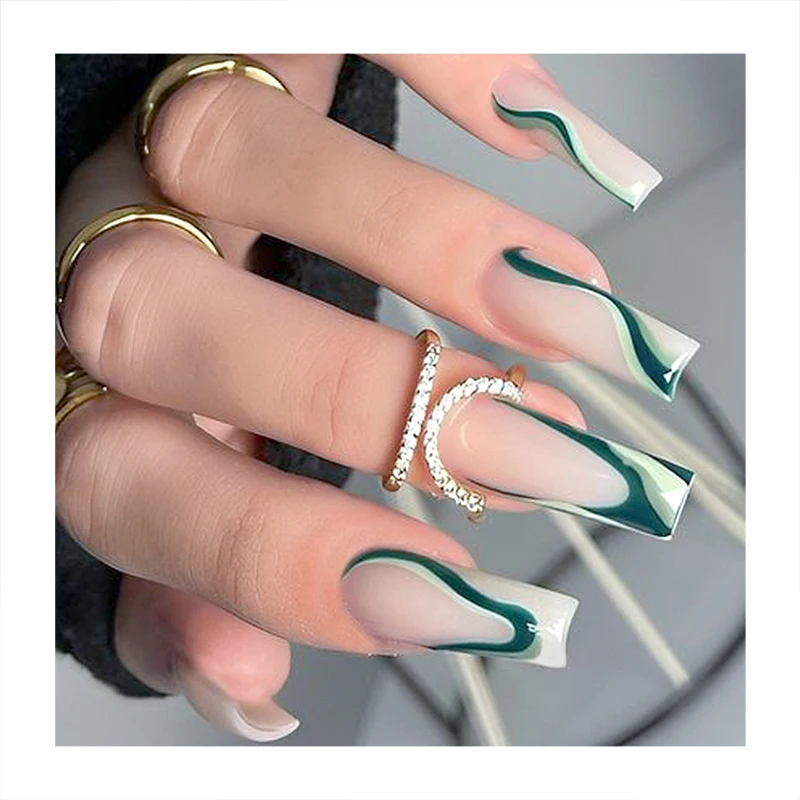 High Quality Long Square Coffin Full Cover Faux Nails Machine Print Simple Color French Fake Tips Factory Custom Press On Nails