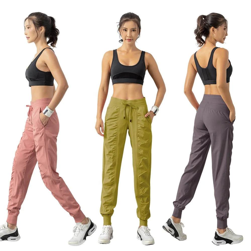 Summer women draw rope fold quick dry running fitness lightweight straight leg corset sports pants