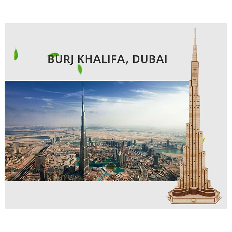 Samples Available For Shipping Laser Cutting Dubai Burj Khalifa Tower Model 3D Wooden Diy Puzzle Toys For Kids