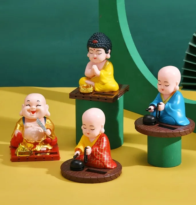 Cute Buddhist Monk Statue Solar Power Dancing Little Figurine Chinese Shaolin Sculpture for Car Garden Decor-Blue Solar Monk