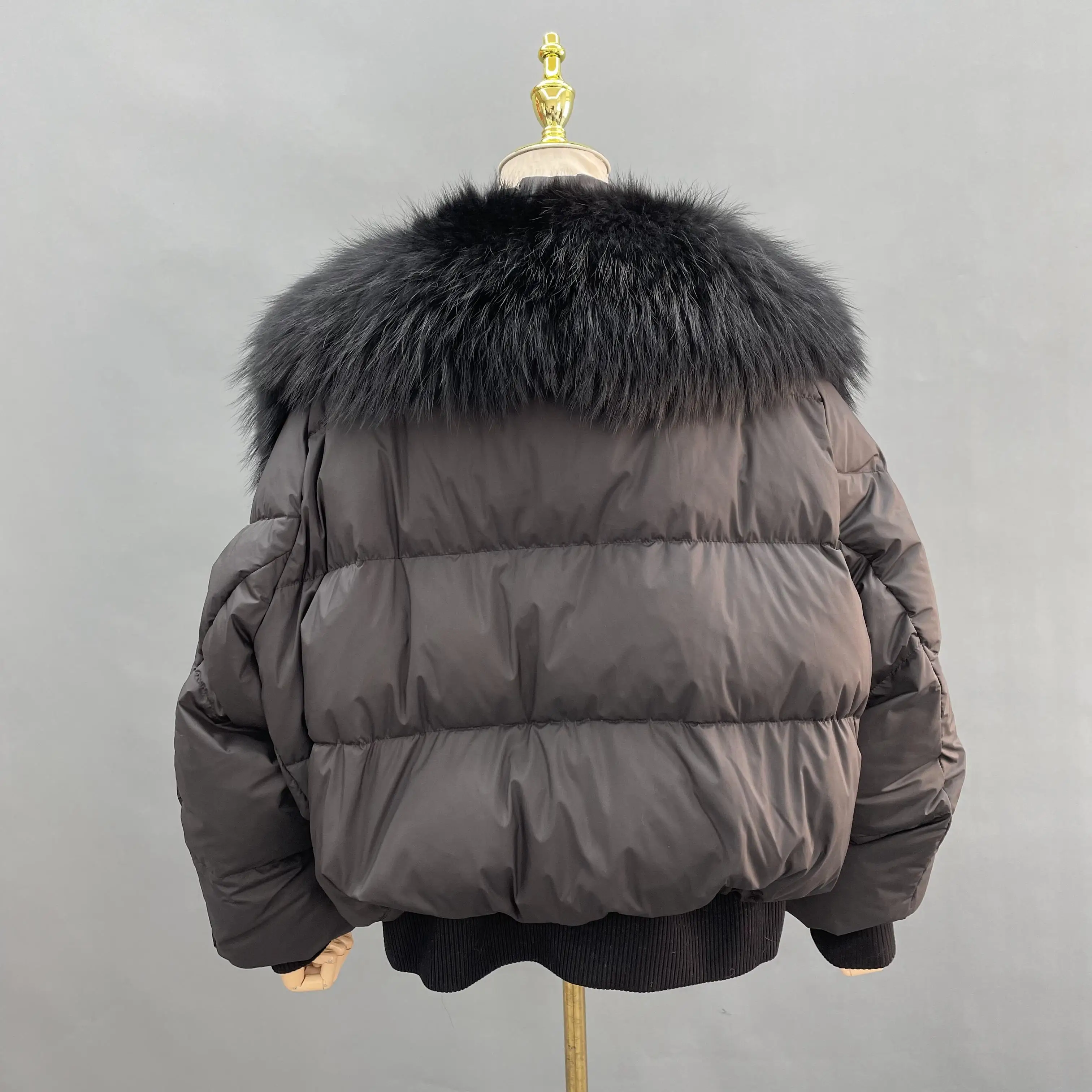 Raccoon Fur Collar Detachable Bat Sleeve Waist Tightening Short Goose Down Filled Puffer Jacket