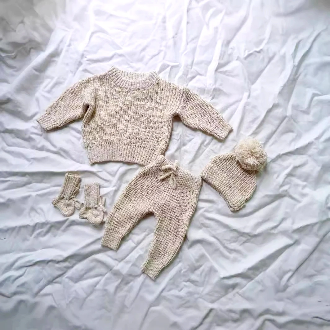 Autumn and winter 4-piece set Cotton Romper Sweater Beanie Baby Knit Clothing Set
