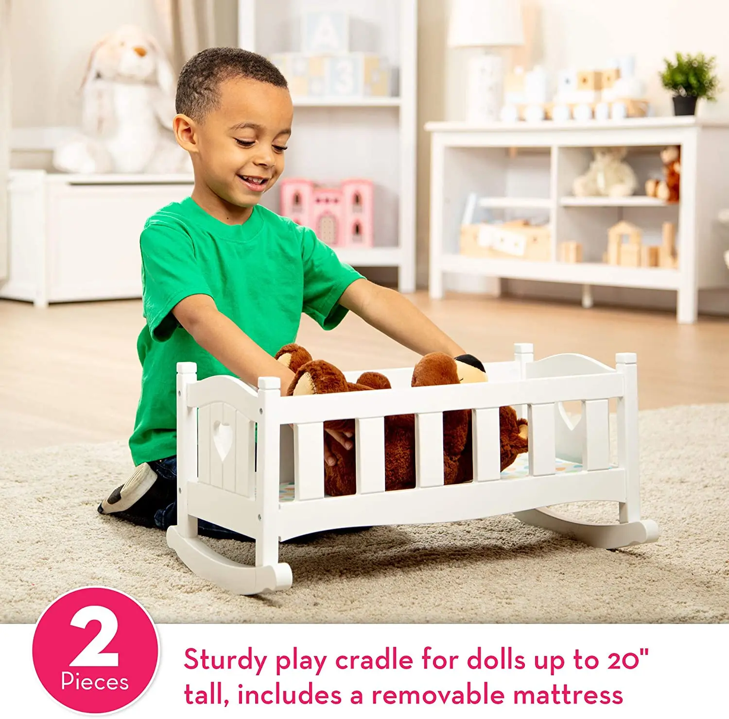 White wooden rocking play cradle for dolls and stuffed animals up to 20 inches tall