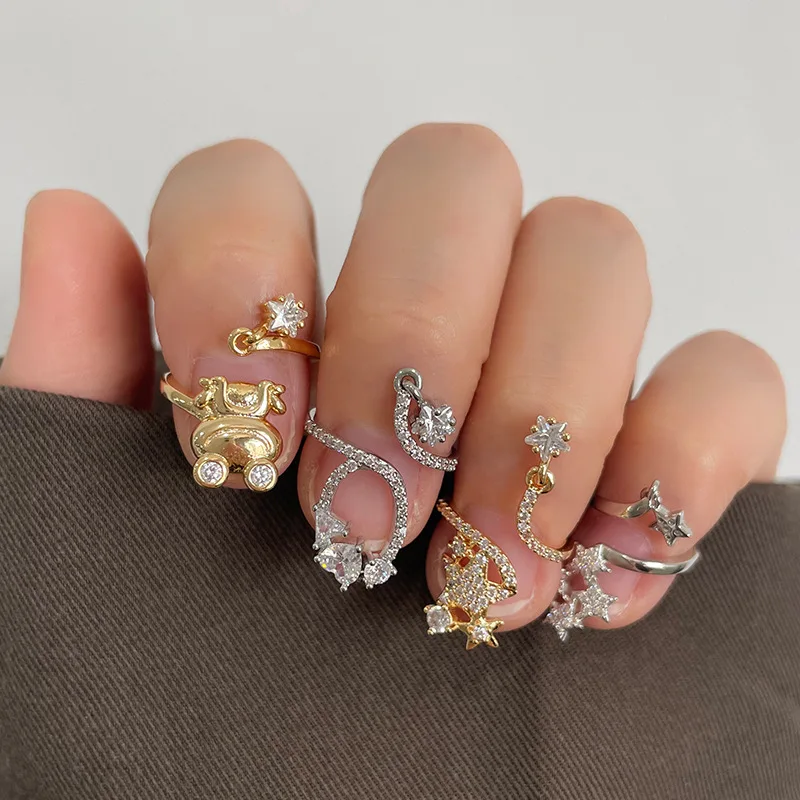 Trendy nail rings finger Crystal Glitter Nail Tips Shiny Crystal Ins Fingertip Exquisite Opening Star Wigs Frog Adjustable Ring