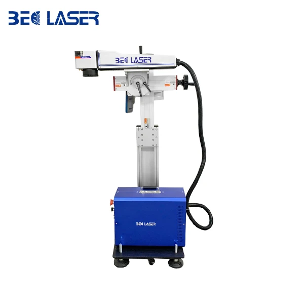 BEC LASER Online fiber flying laser marking machine for large-scale metal marking pipe line wire 50W laser printer