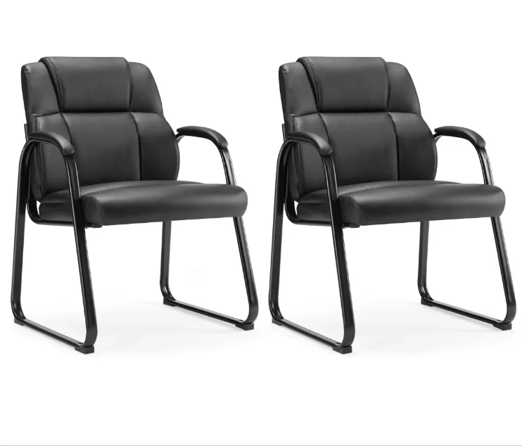 Office Chair 400lbs Leather Reception Chair with Bonded Padded Armrest Wide Seat Sled Base Office Chair-Black