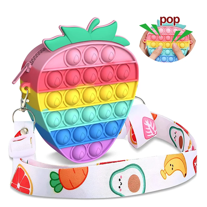 2 in 1 Kids Strawberry Fidget Toy Crossbody Bag Rainbow Silicone Squeeze Push Pop Bubble Fidget Popper Purse Messenger Bag