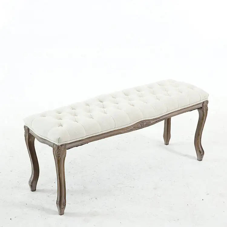 Custom White Rubber Wood Ksf25001Solid rustic Wood bench Cotton Linenfabric Bedroom Wood Bench