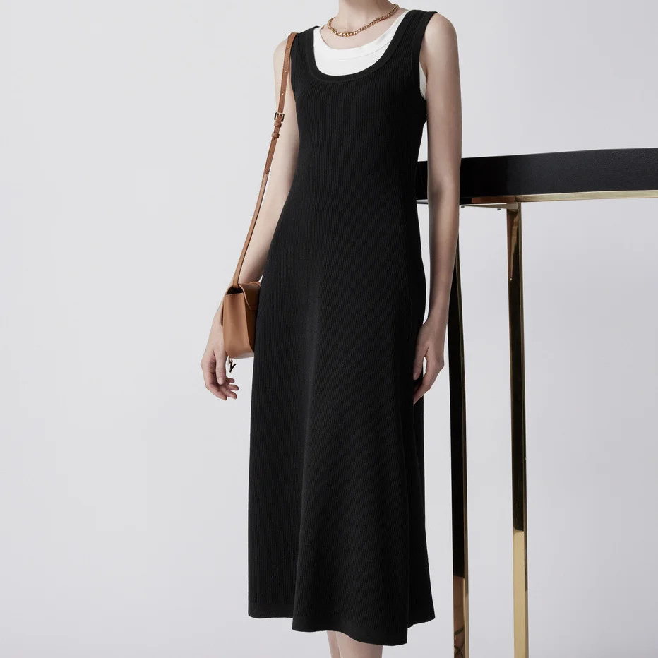 Bright black slim sleeveless tank top type knitted dress for ladies