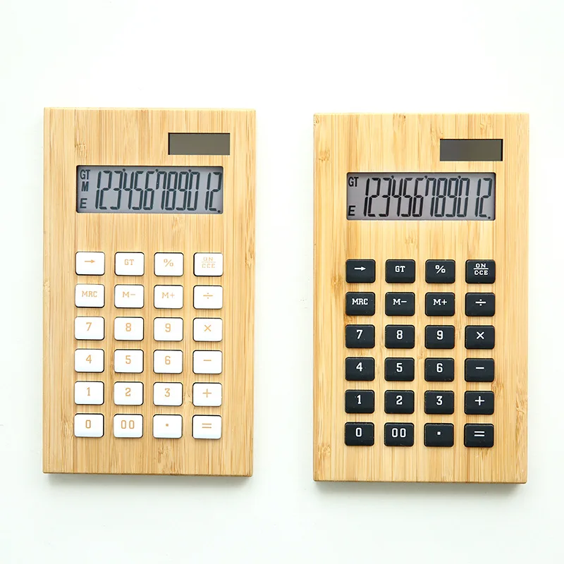 12-Digit Solar Calculator Large Screen Bamboo and Wood Display Calculator Student Office Financial Desk Learning Computer