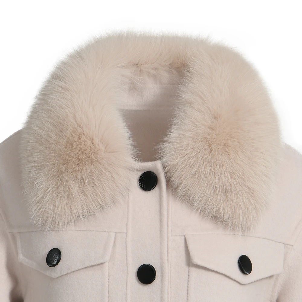 Wholesale Single Breasted Cropped Cashmere Women Coat Fluffy Real Fur Collar Elegant Custom Soft Double Faced Wool Winter Coat