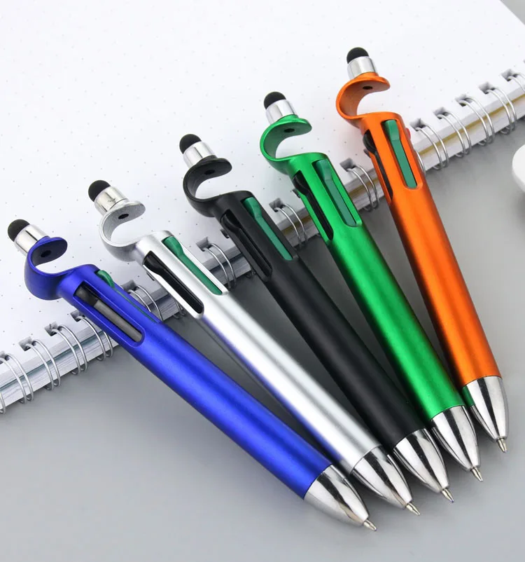  Custom Logo 3 in 1 Four Colors Ball Pens with Touchscreen Pen and Phone Stand Metallic Color Plastic