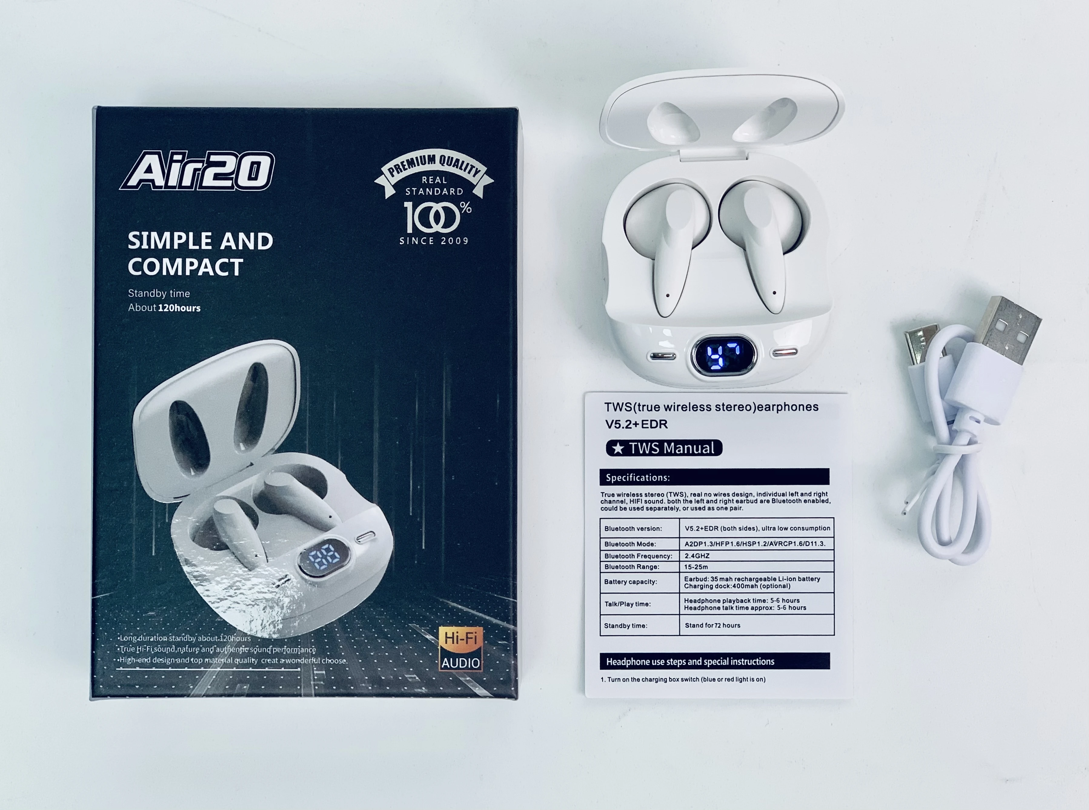 new arrival tws earphone AIR20 with battery display wireless bluetooth earbuds