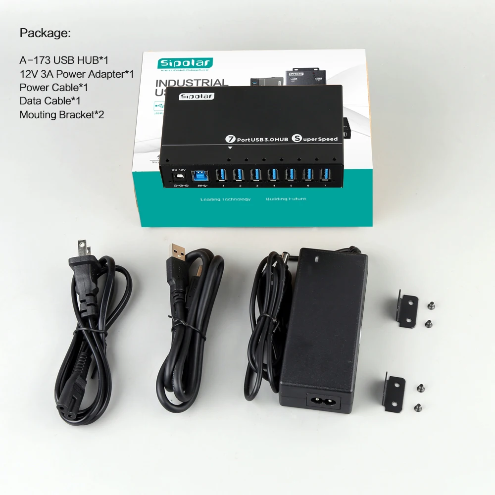 Sipolar Black Metal Industrial Grade 60W USB HUB Powered 7 USB 3.0 Ports for Laptop/PC/HDD/Flash Drive