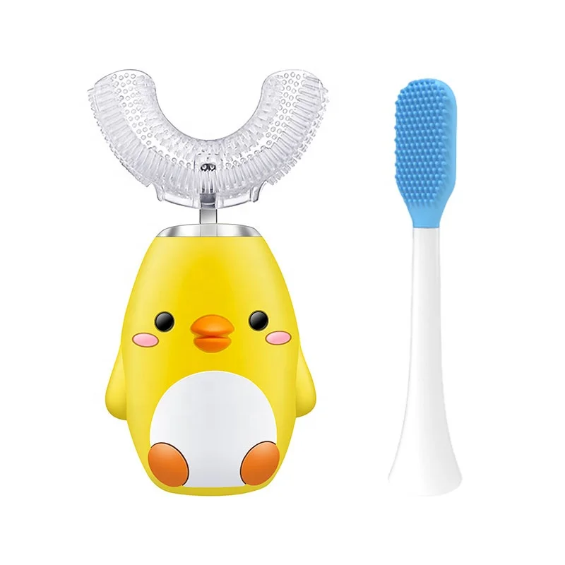 creative 360 degree flashing cartoon oral care u-shaped children led yellow toothbrush u shape baby silicone toothbrush