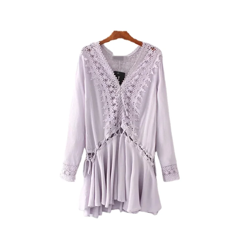 Lady V-Neck Long Sleeve Boho Sexy Deep Hook-Out Openwork Lace Midi Dress