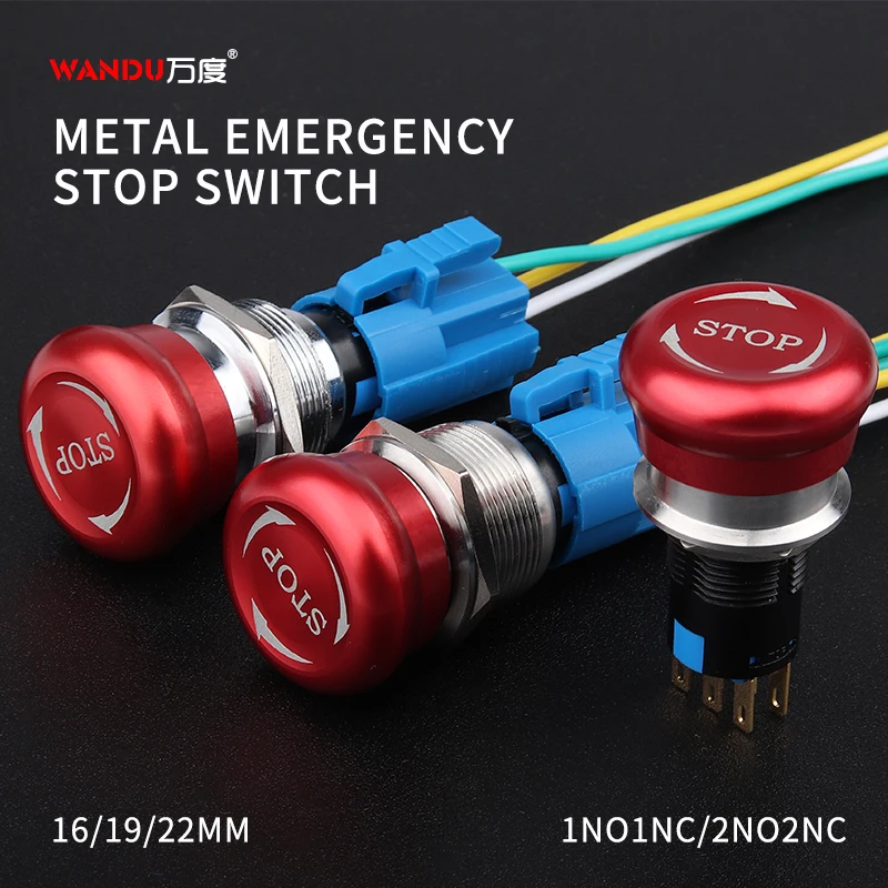 Metal emergency stop 16MM series switch  waterproof dustproof self-locking red mushroom head emergency brake 1no1nc/2no2nc