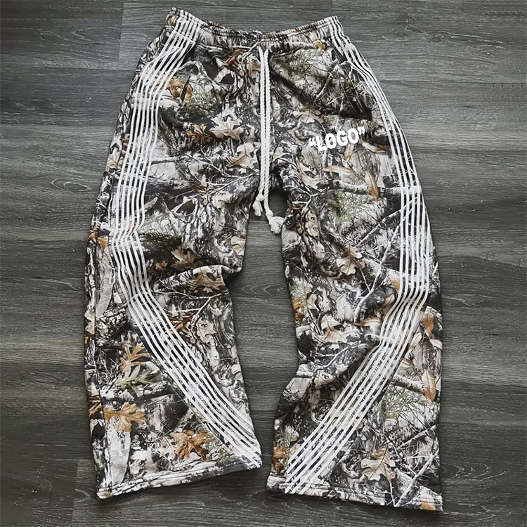 Custom tree camo sweatpants french terry striped track pants flare stacked wide leg sweat baggy pants men