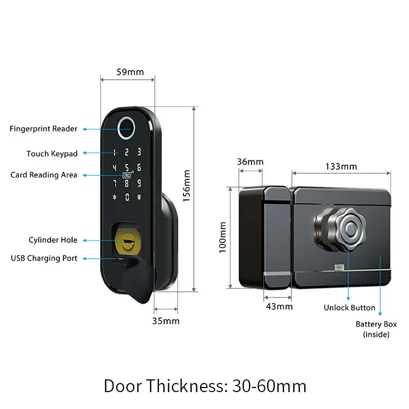 Eseye IP65 Waterproof Intelligent Electronic Digital Fingerprint Security Gate Wifi Tuya Electric Rim Lock