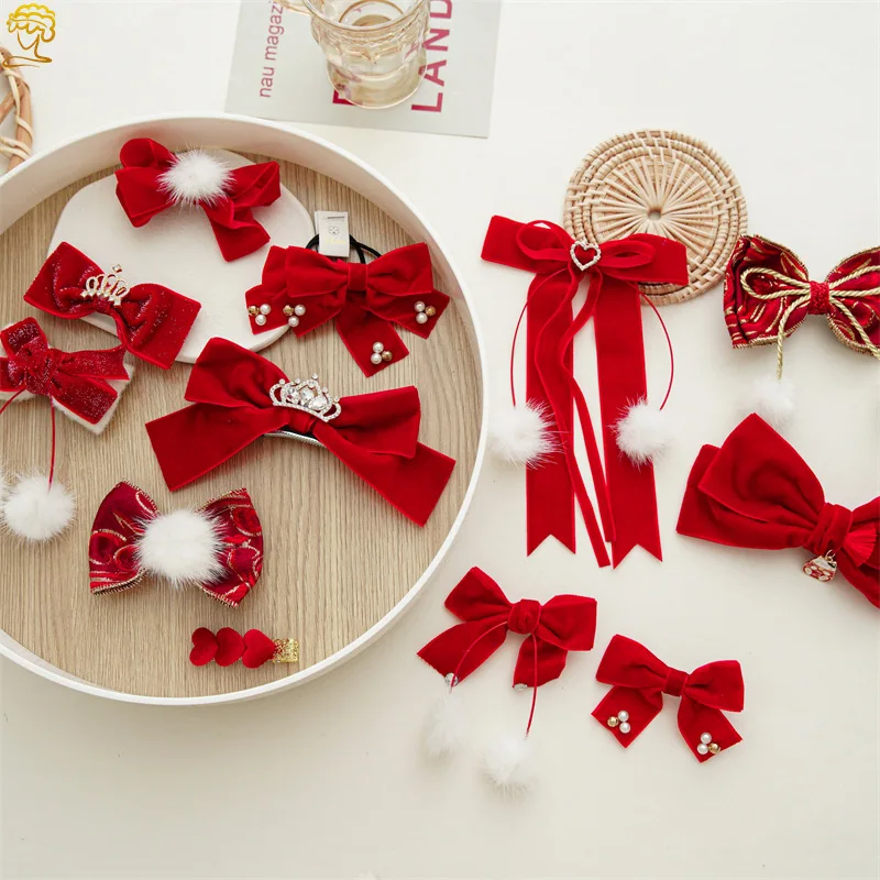 red velvet christmas hair bow gingergread man bow headband baby bows red hair clip with white pompom